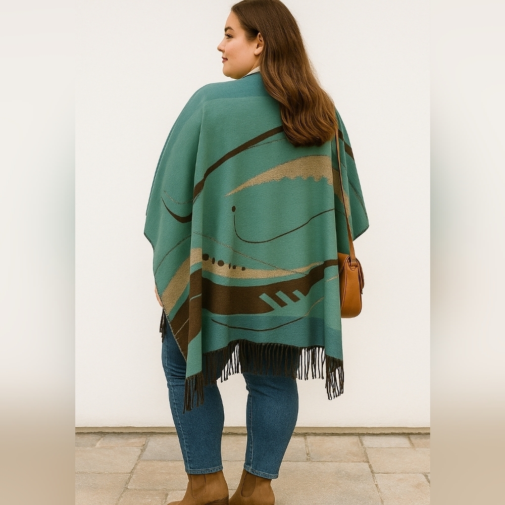 Reversible Ruana Wrap Cape Turquoise & Brown Soft Knit Boho Fringe Shawl XL 1 sz - Picture 13 of 14